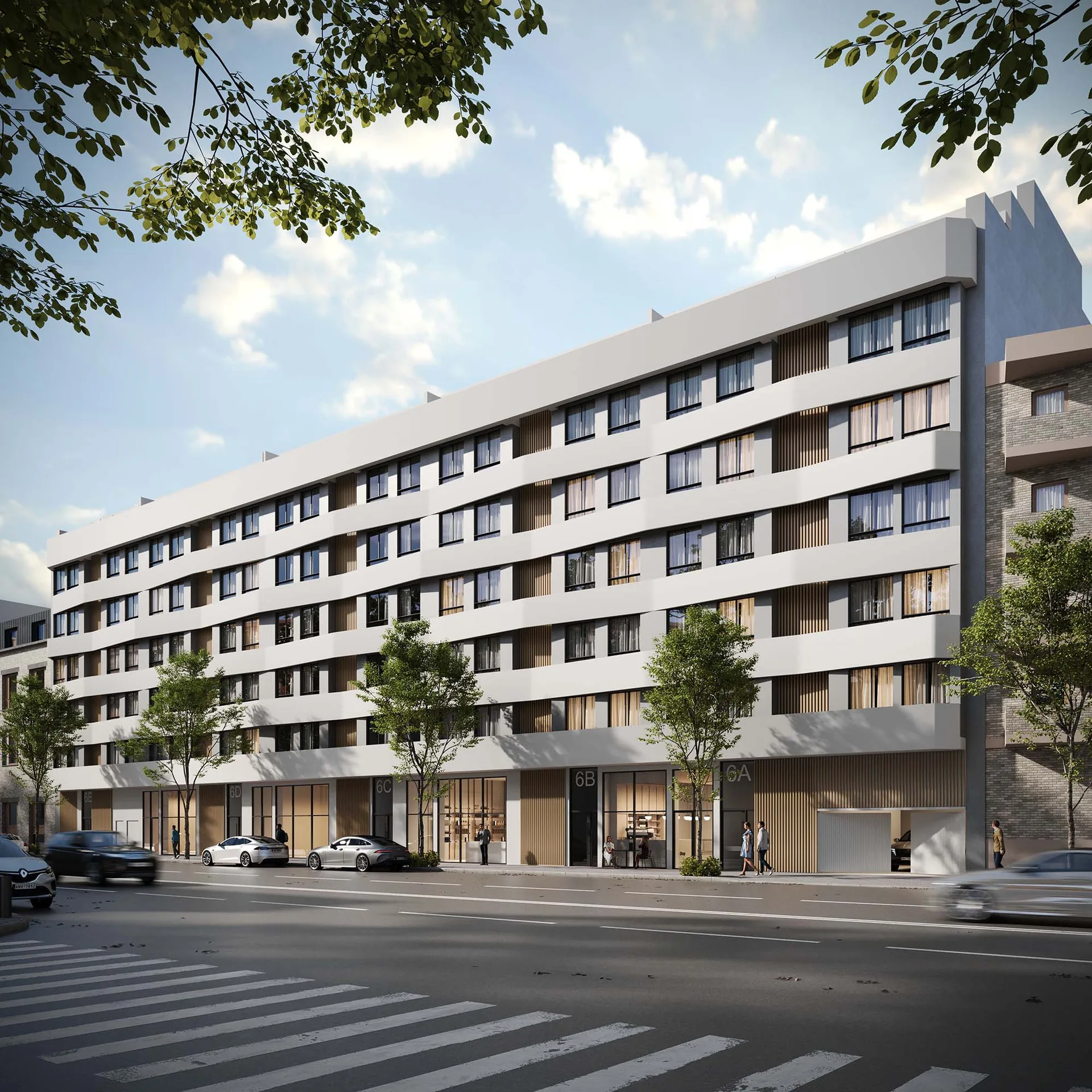 infografía 3D de fachada de edificio residencial